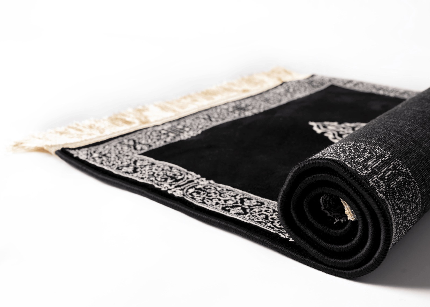 Kaaba Inspired Prayer Rug in Black and Silver